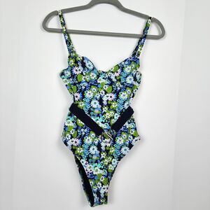 Aerie Blue Floral Belted One Piece Swimsuit Size M NWT